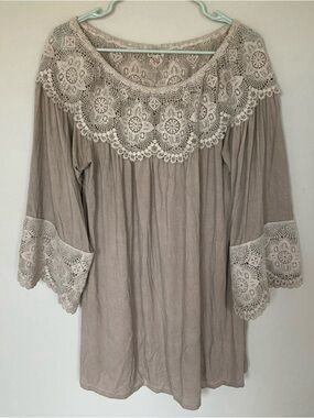 POL Taupe Tunic Top Women S On Off Shoulder Lace Trim Flared Sleeve